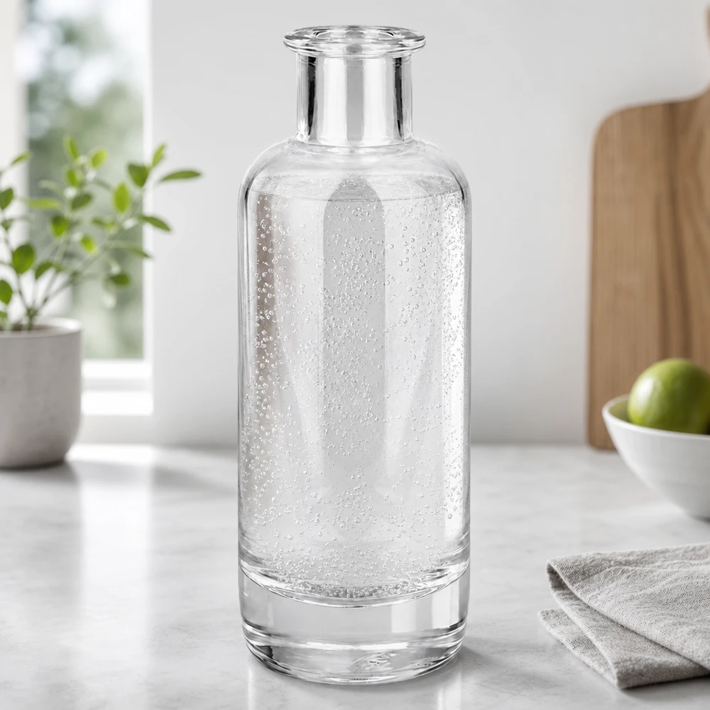 Garrafa de vidro de 200 ml Ella cheia de água mineral com gás na cozinha moderna mostra a utilização para bebidas