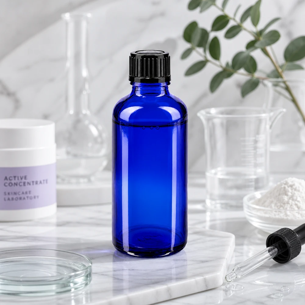 Frasco de laboratório de 50 ml em vidro farmacêutico azul cobalto com tampa conta-gotas preta no laboratório de cuidados da pele