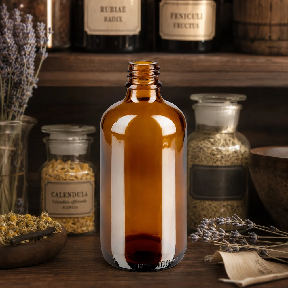 Frasco conta-gotas de 100 ml DIN 18 em vidro âmbar Frasco de boticário ApoGlas castanho de 100 ml com ervas de calêndula e lavanda num ambiente rústico de boticário