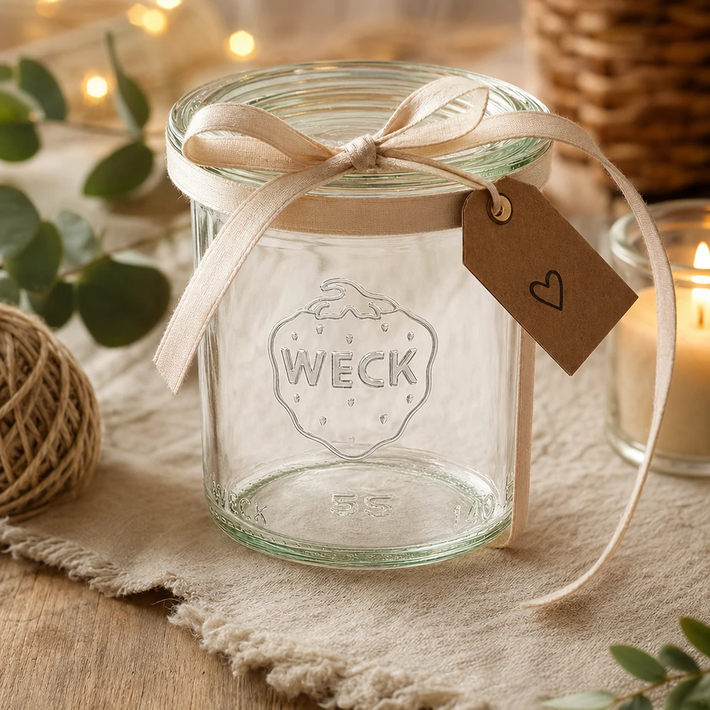 WECK Frasco de vidro cónico de 140 ml com tampa de vidro RR60 | Qualidade Premium WECK Sturzglas 140ml RR60 als Geschenk dekoriert mit beiger Schleife und Herzanhänger auf rustikalem Holztisch