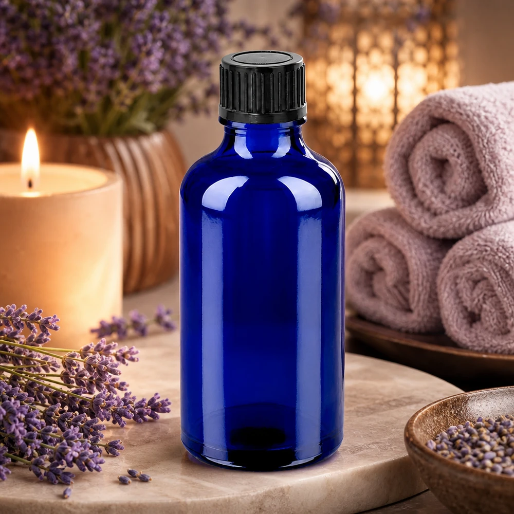 Frasco boticário de 50 ml em azul cobalto com tampa normalizada de 11 mm para aromaterapia