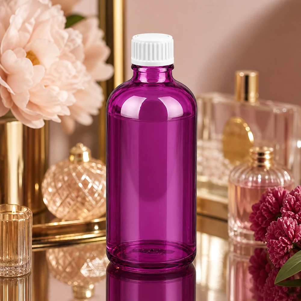 Frasco de vidro roxo elegante de 100 ml com fio UT18 para produtos cosméticos de luxo e séruns