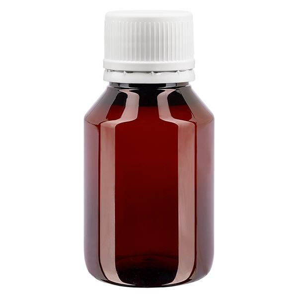 Frasco PET 50ml com tampa inviolável branca, com nervuras finas Frasco PET 50ml com tampa inviolável branca, com nervuras finas