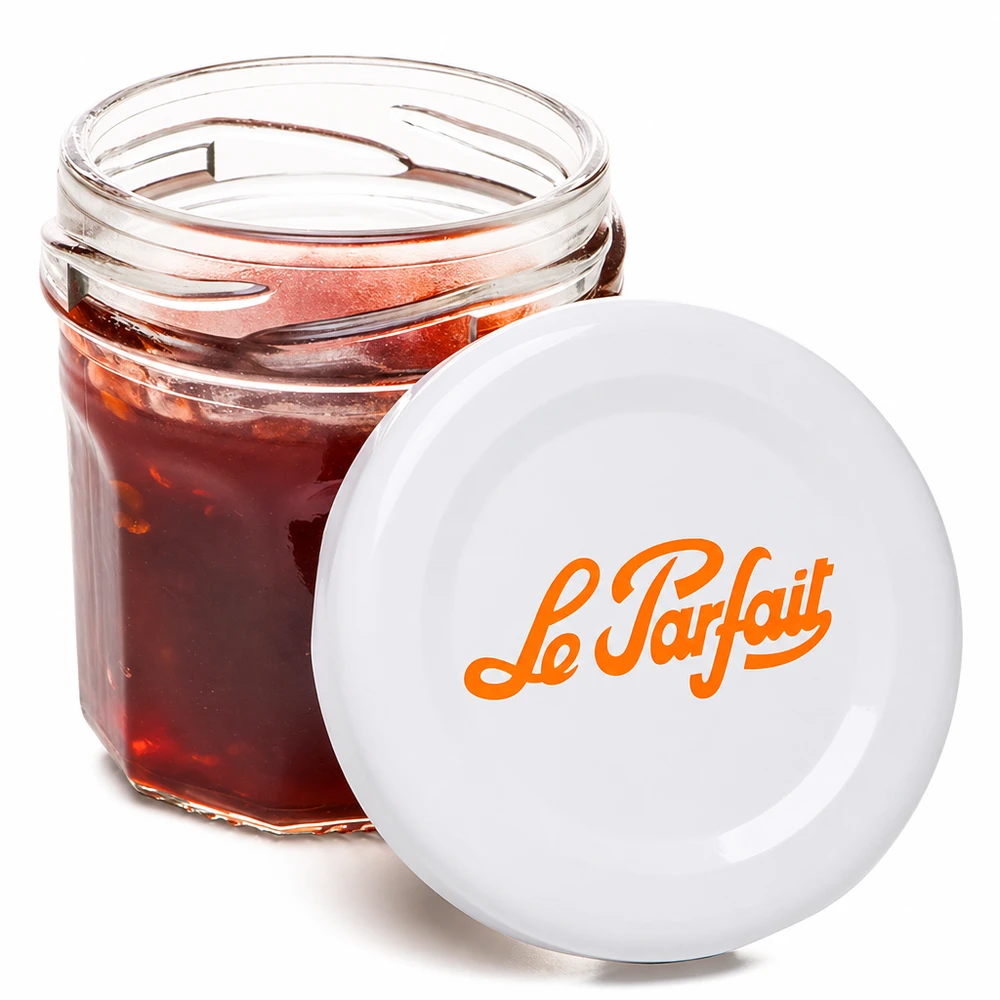 44ml Mini-Sturzglas "Jam" mit Schraubdeckel Le Parfait® Mini-pote Le Parfait 44ml aberto cheio de compota vermelha e logótipo laranja na tampa branca