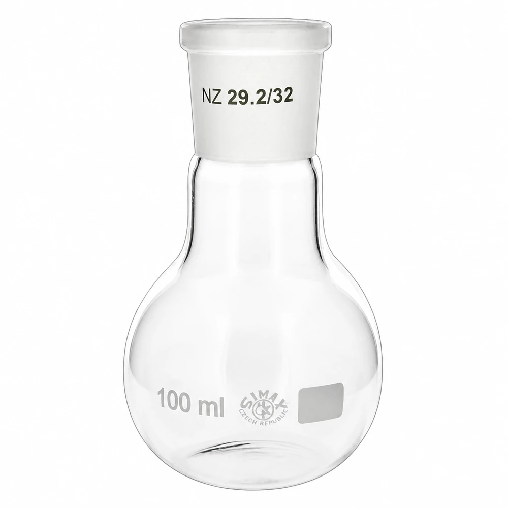 Frasco de pé 100ml com junta rectificada standard (29/32) Balão de 100 ml em vidro borossilicato com junta rectificada standard NS 29/32 para aplicações laboratoriais