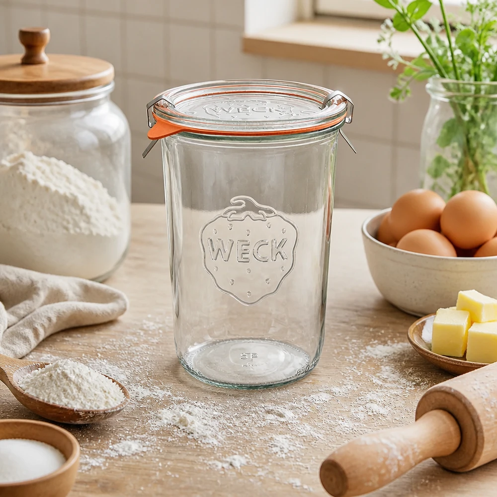 Copos WECK 850ml RR100 em ambiente natural de cozinha com ingredientes de pastelaria ovos manteiga e farinha para cozer