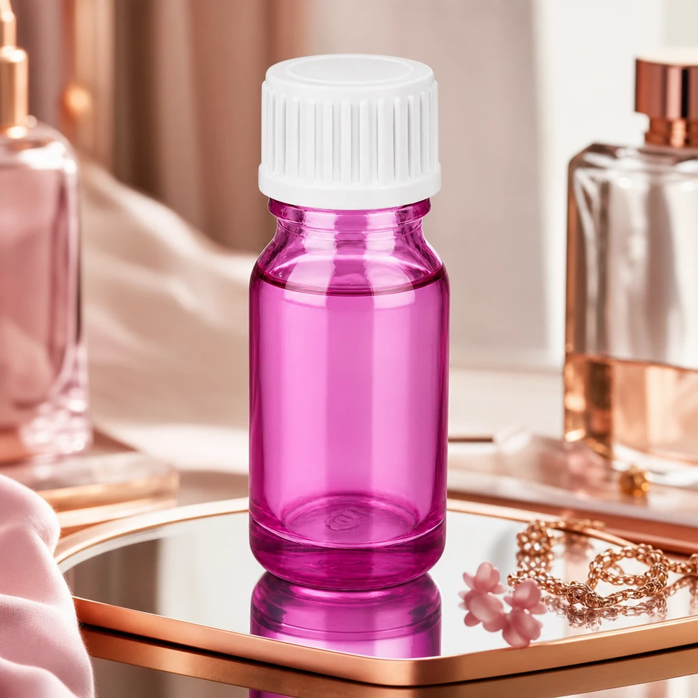 Frasco compacto de vidro violeta de 10 ml com tampa branca para uma dosagem precisa dos ingredientes activos