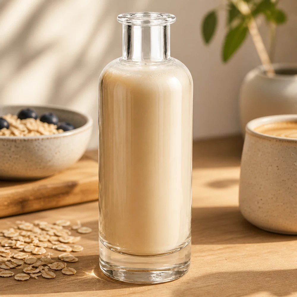 Garrafa de vidro de 200 ml de Ella cheia de leite de aveia em cima de uma mesa de madeira ao lado de flocos de aveia mostra a utilização de leite vegetal