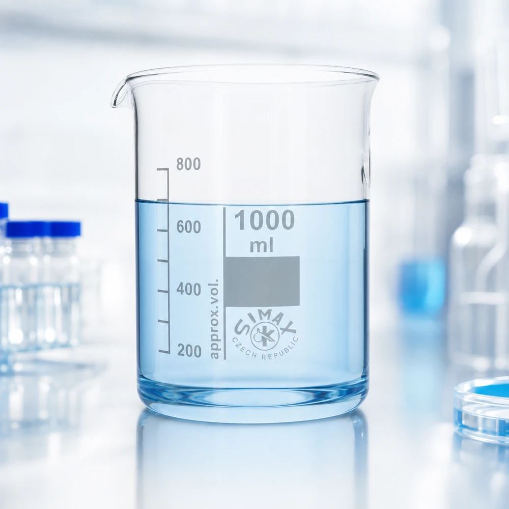 Copo 1000 ml de vidro borossilicato, forma baixa Copo de grande volume de 1000 ml feito de vidro borossilicato robusto para experiências laboratoriais extensas