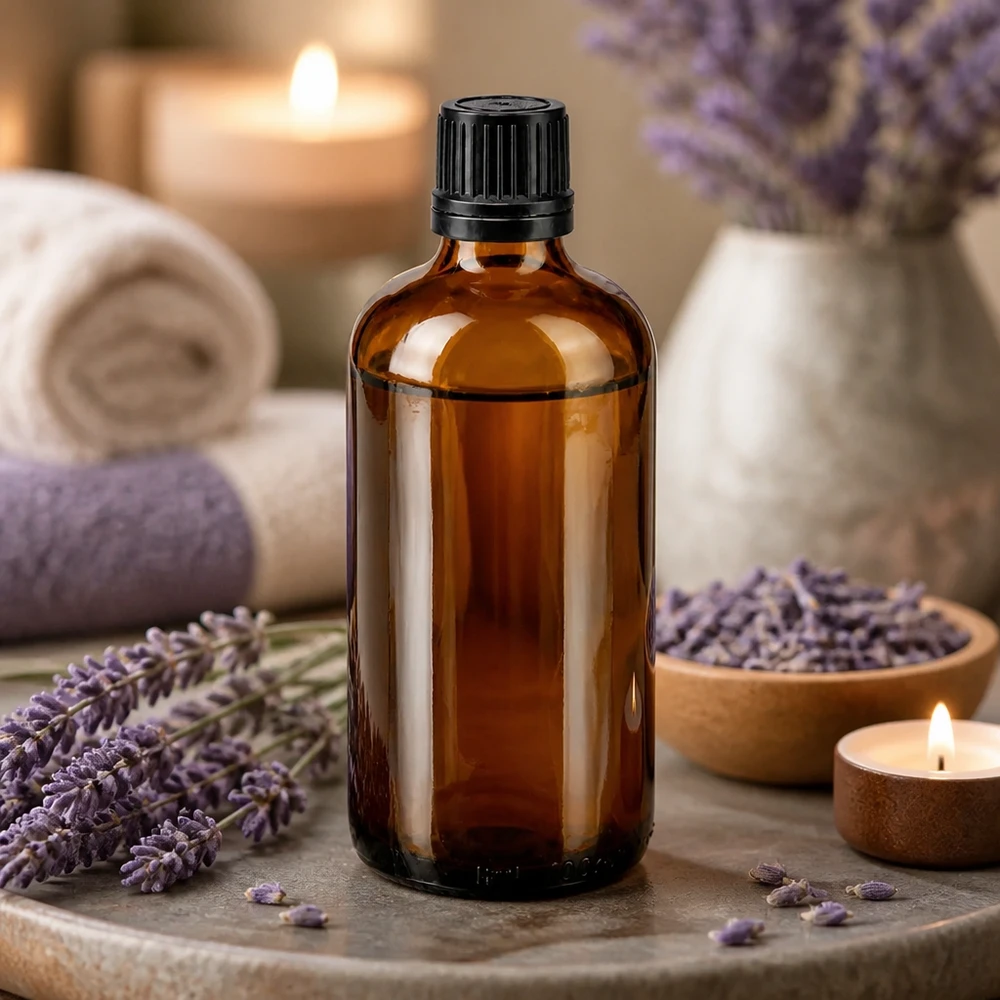 Frasco de vidro castanho de 100 ml com conta-gotas, entre flores de lavanda e velas