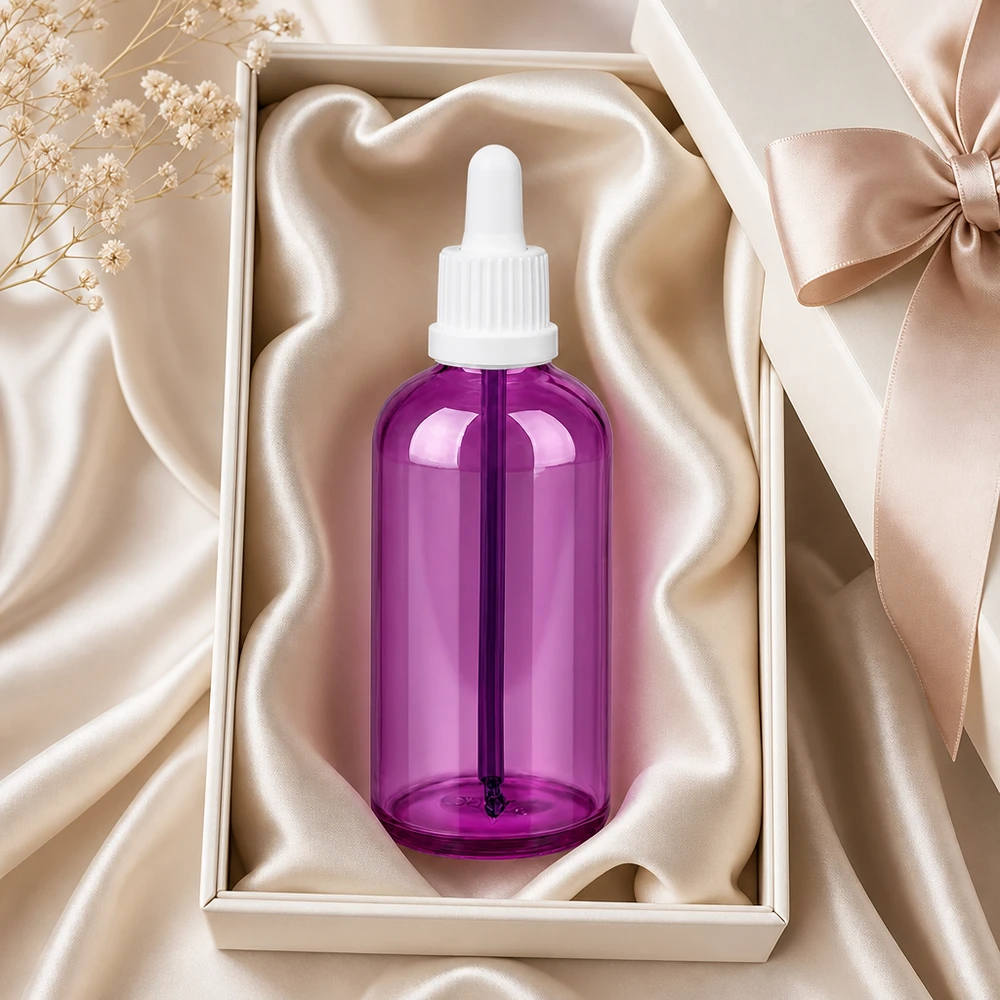 Frasco de pipeta de 100 ml com rosca UT18/100 com design elegante em roxo para uso profissional