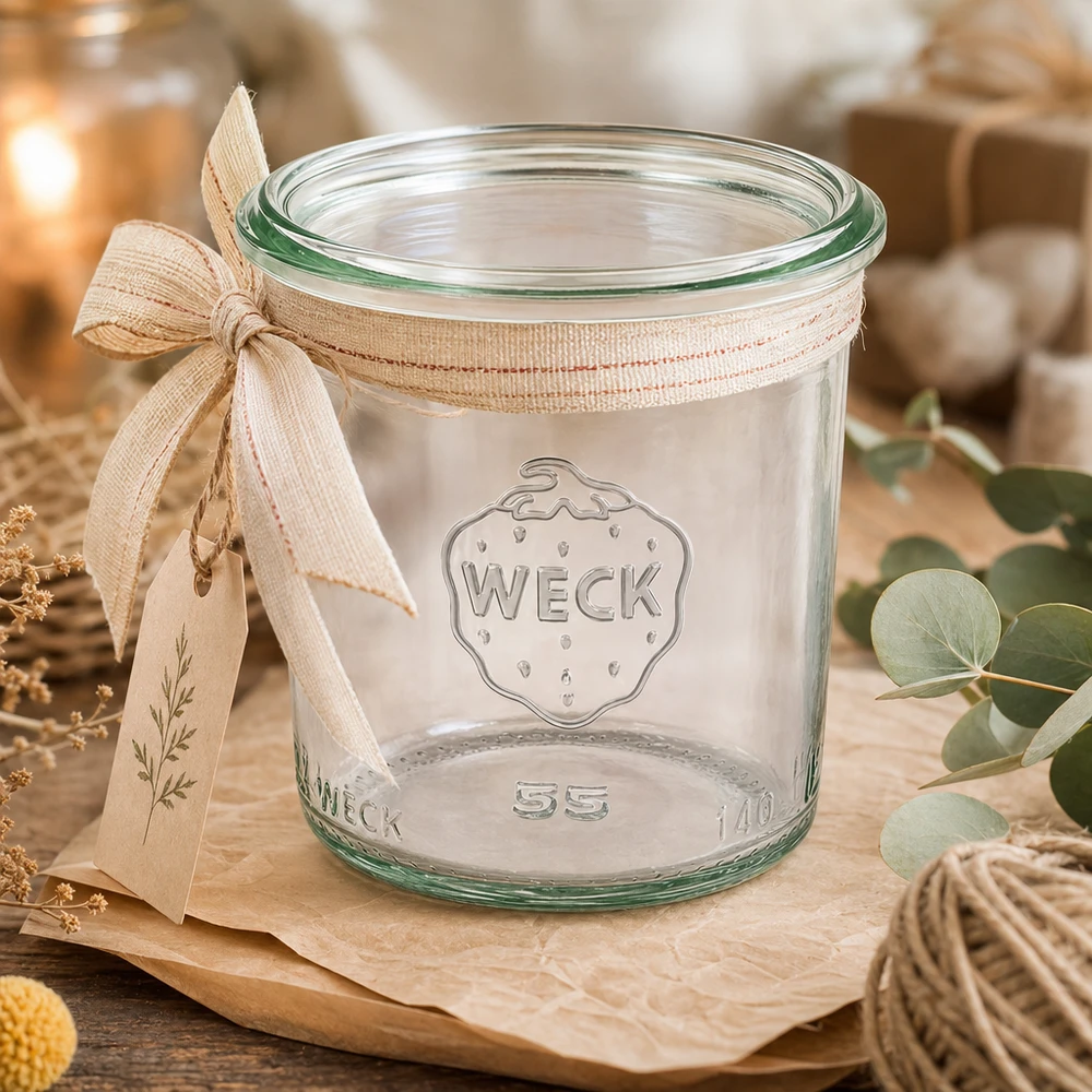 Copos de vidro de 140 ml WECK RR60 Boião de 140 ml WECK RR60 com fita e tábua de madeira, boião de conserva vazio para compotas e conservas