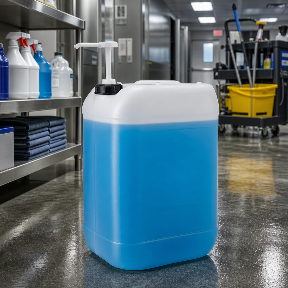 Recipiente azul de 25 litros com bomba branca num ambiente de limpeza profissional