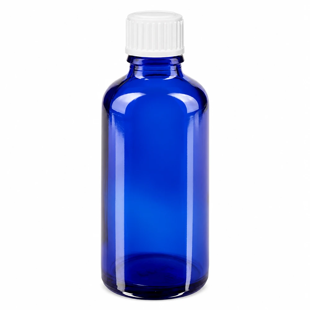 Frasco de vidro azul de 50 ml com tampa branca, em vidro de farmácia, para aplicações farmacêuticas