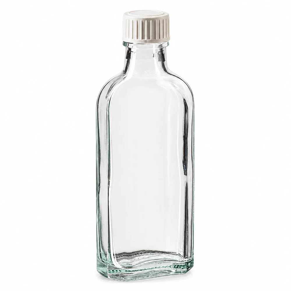 Frasco de vidro Meplat transparente de 100 ml, com tampa de rosca branca e inserção de espuma de PE