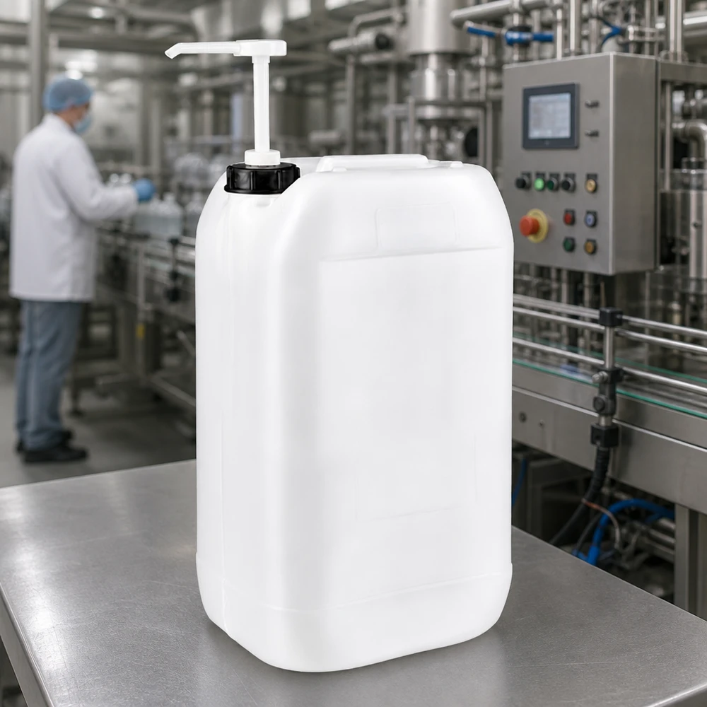 Bidão de 15 litros com bomba doseadora Recipiente retangular de HDPE de 15 L com bomba dosadora sobre uma mesa de aço inoxidável numa unidade de produção industrial