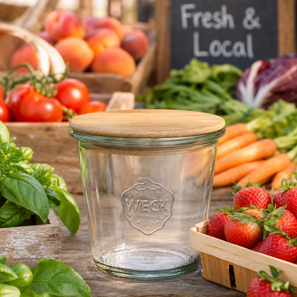 Frasco de armazenamento WECK 290ml RR80 com tampa de madeira entre frutas e legumes frescos na banca de mercado Fresh Local