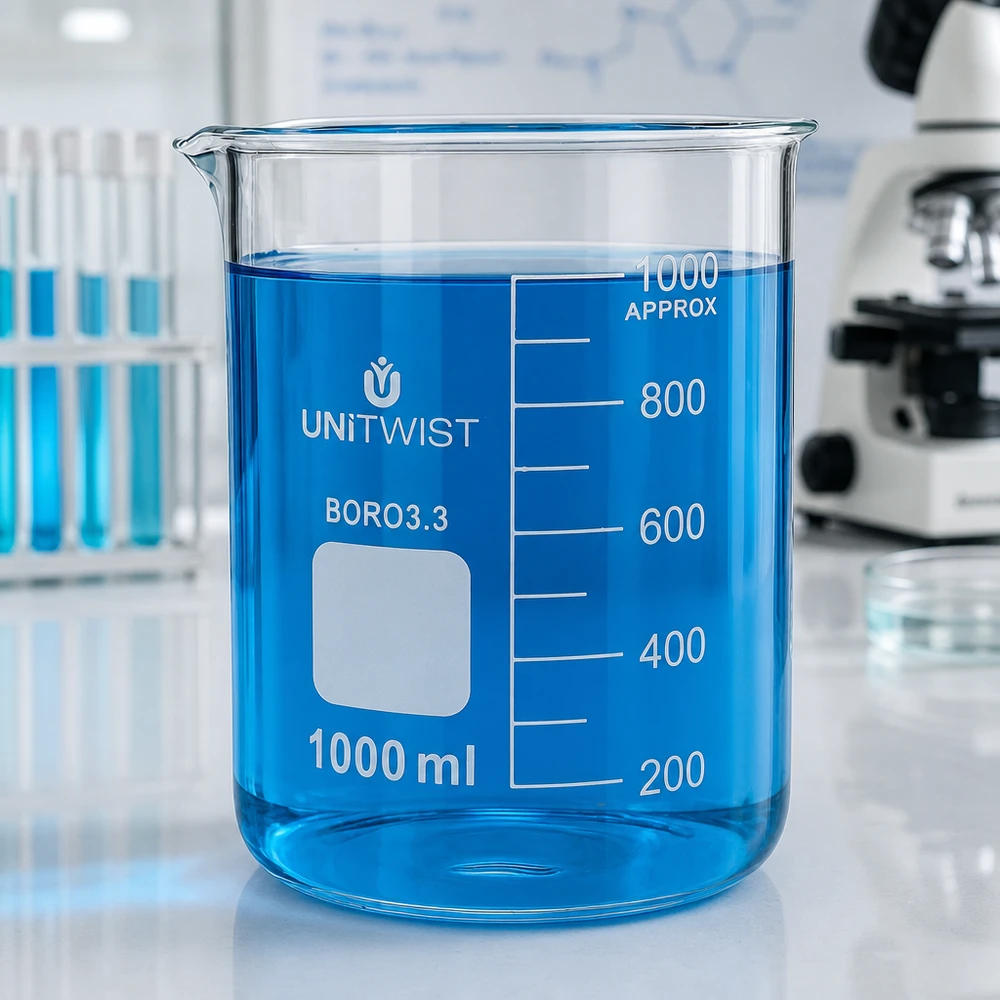 Copo de vidro UNiTWIST de 1000 ml, de borossilicato, de formato baixo, com líquido azul num laboratório
