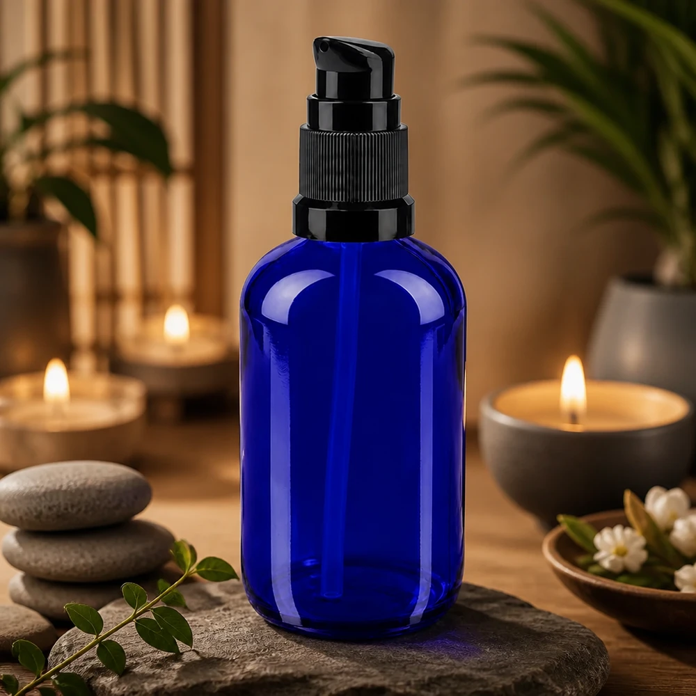 Frasco azul de 100 ml com bomba, em vidro de farmácia, com dosador preto, num ambiente de bem-estar