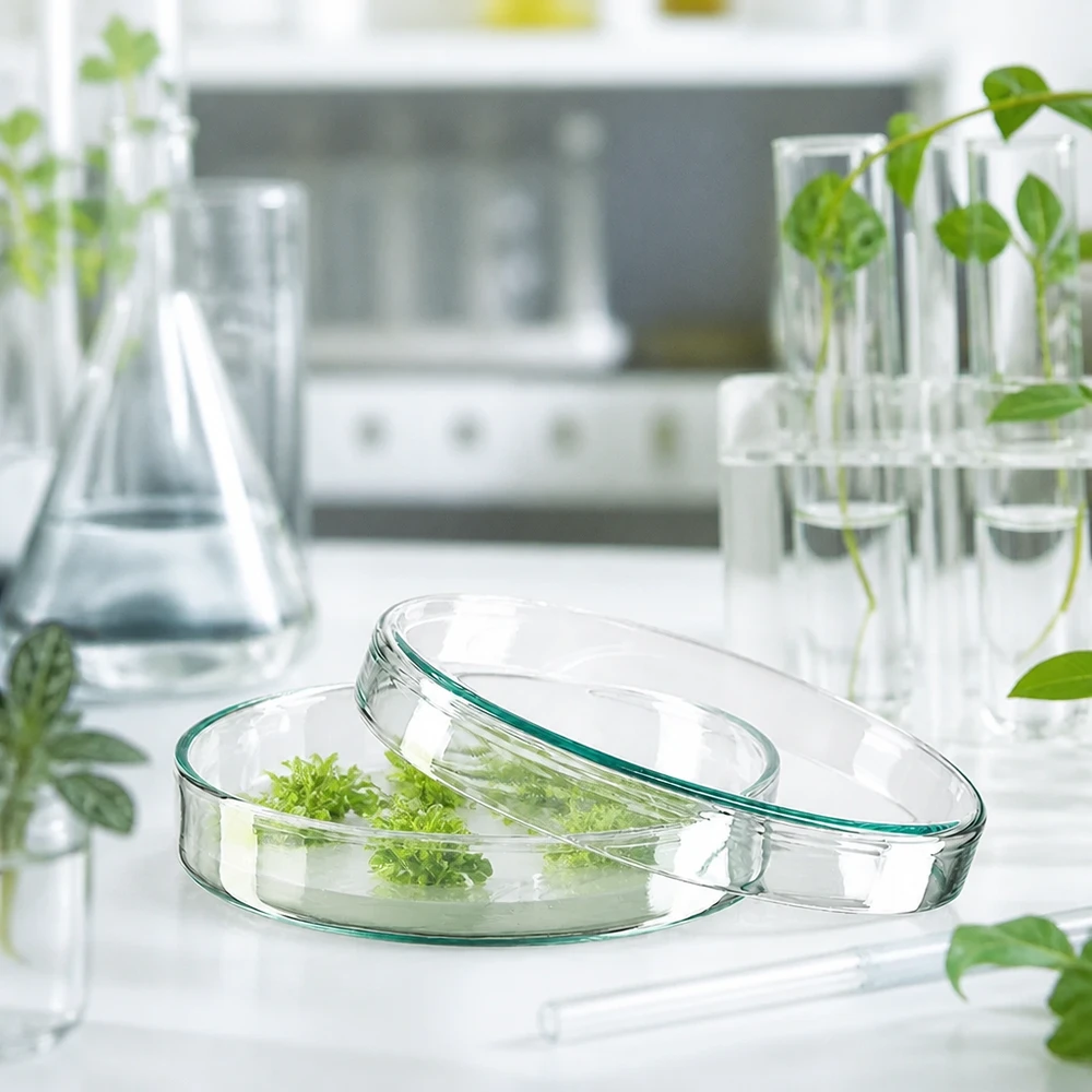 Placa de Petri de vidro 100x20mm Placa de Petri de vidro, 100 x 20 mm, com rebentos de plantas num meio de cultura verde, num laboratório botânico