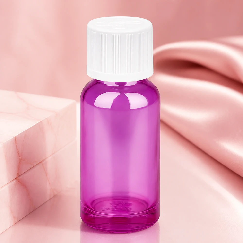 Frasco de vidro compacto de 20 ml em roxo elegante com tampa branca para uma dosagem precisa