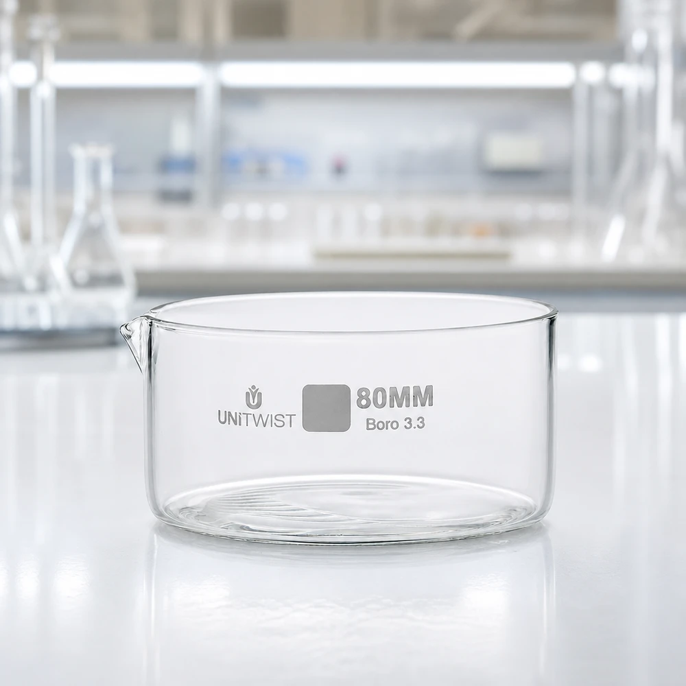 Bandeja de cristalização vazia de 80 mm, em vidro borossilicato 3.3 UNiTWIST, sobre uma superfície de laboratório branca