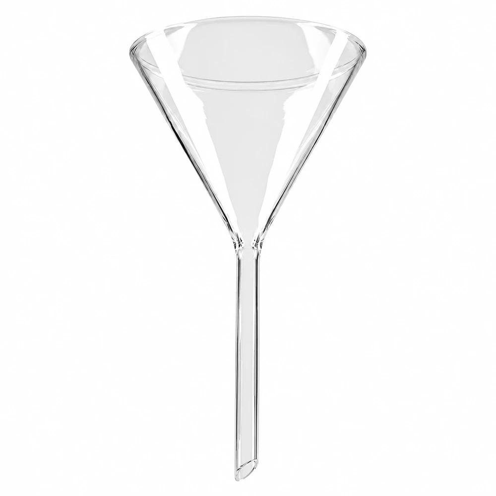 Funil ø100mm cal sodada, ângulo 60°, estilo curto Funil de vidro com 100 mm de diâmetro, em vidro de calcário-soda, com haste curta, para uso laboratorial