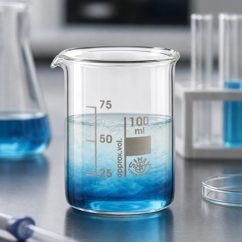 Copo de vidro borossilicato de 100 ml com solução azul e escala de mililitros claramente visível