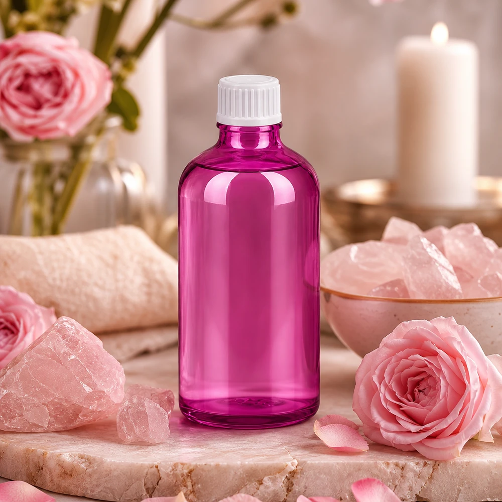 Frasco conta-gotas de 100 ml de alta qualidade com um design elegante em púrpura e tampa branca profissional