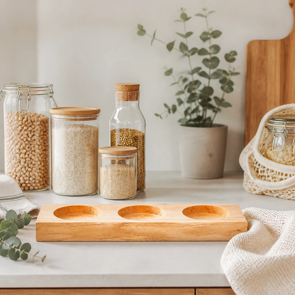 Tábua de servir Plano3 para 3 copos WECK Servierbrett Plano3 aus Bambus auf weißer Arbeitsplatte mit Vorratsgläsern und eucalyptus Deko im skandinavischen Küchen