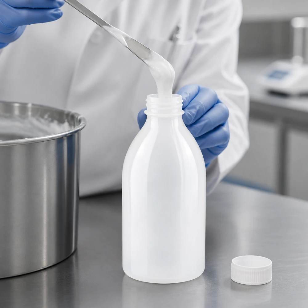 Frasco de rosca de 500ml, frasco de laboratório com gargalo estreito Präzises Abfüllen einer cremigen Probe in 500ml Enghals Laborbehälter aus PE