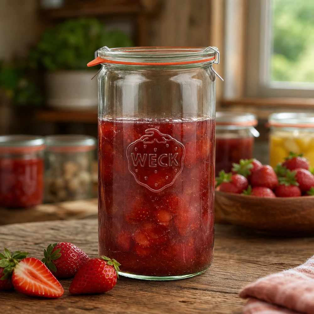 Frasco cilíndrico de 1590ml completo WECK RR100 Frasco de conserva WECK 1590ml cheio de compota de morango numa mesa de madeira com morangos frescos ao fundo