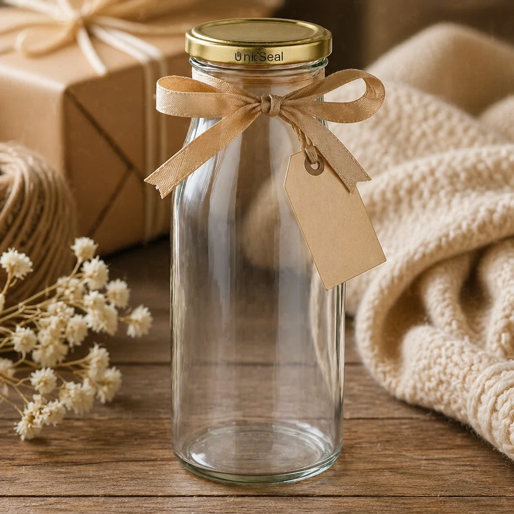 Garrafa de vidro UNiTWIST 150ml decorada com fita e tampa dourada BioSeal - ideia de presente estilo de vida