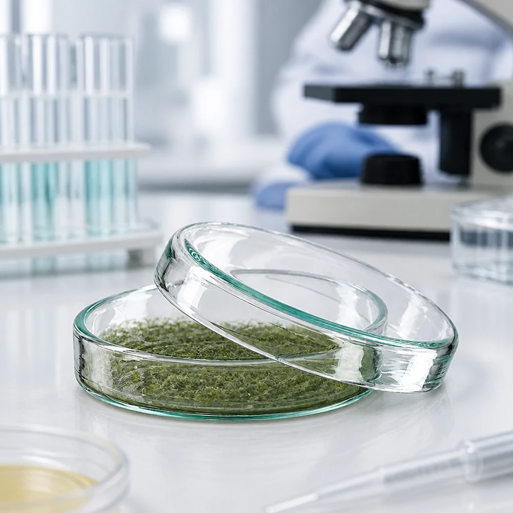 Placa de Petri de 60 mm em vidro transparente de laboratório para o cultivo de microrganismos e culturas de células. Altura 15 mm Placa de Petri de vidro de 60 x 15 mm com amostra de planta verde num ambiente de laboratório, vista ao microscópio