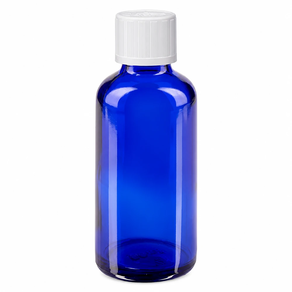 Frasco de vidro azul de farmácia com 50 ml e tampa de segurança para crianças branca de 11 mm
