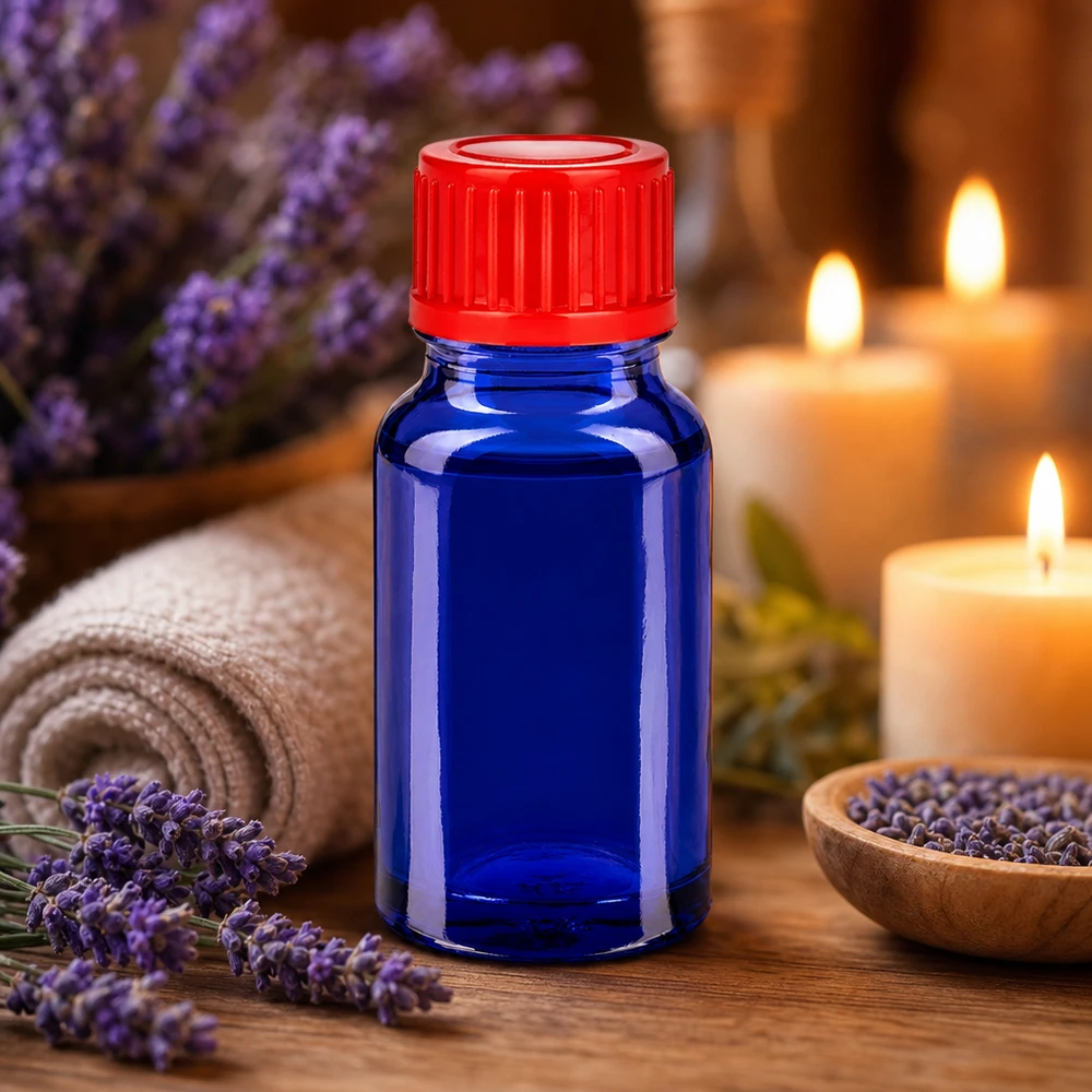 Frasco de 10ml com tampa de rosca de 11mm vermelho standard BlueLine UT18/10 Frasco pequeno de vidro de 10 ml em azul com tampa vermelha para óleos essenciais e aromaterapia
