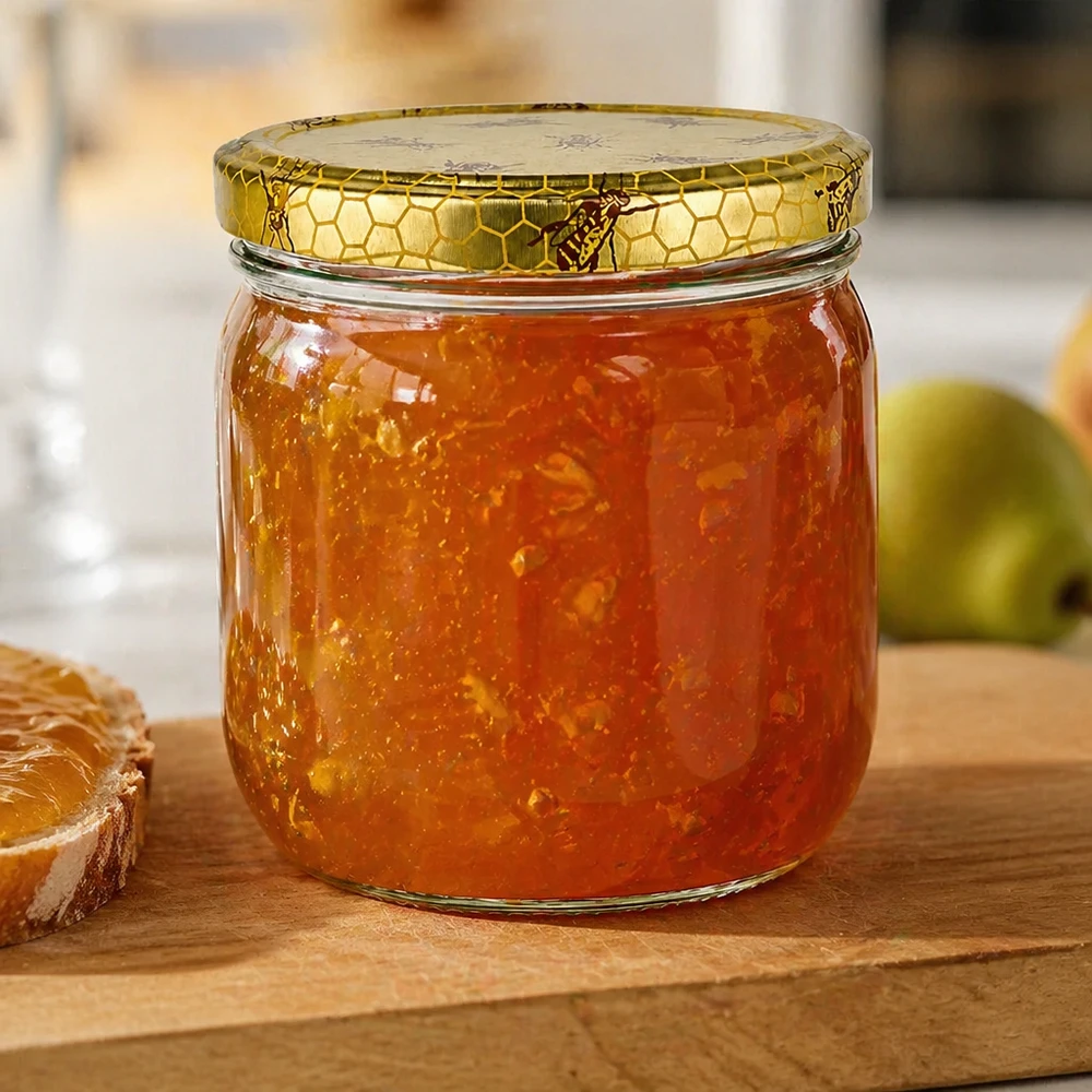 Frasco de mel de 500 g com tampa em forma de favo de mel cheio de compota dourada ao lado de pão e maçã verde numa tábua de madeira