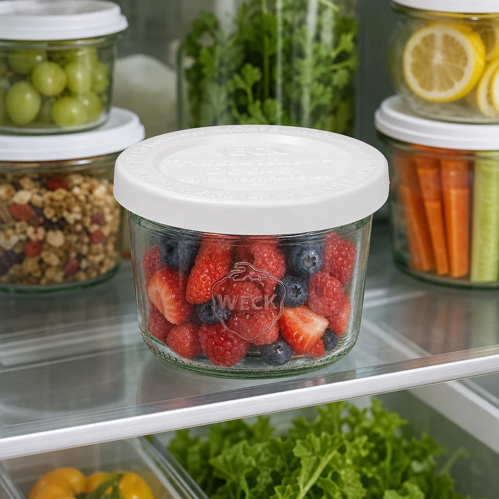 Copos WECK RR60 de 80 ml com bagas mistas no frigorífico ao lado de outros frascos de arrumação com frutas e legumes