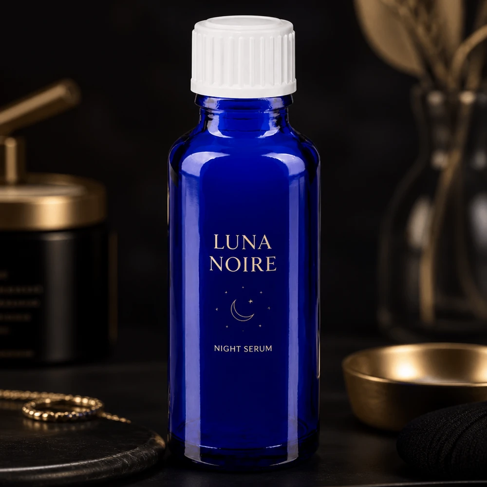 Frasco de farmácia azul 30ml tampa de rosca branca standard Sérum noturno Luna Noire num frasco de farmácia azul cobalto de 30 ml com tampa de rosca branca