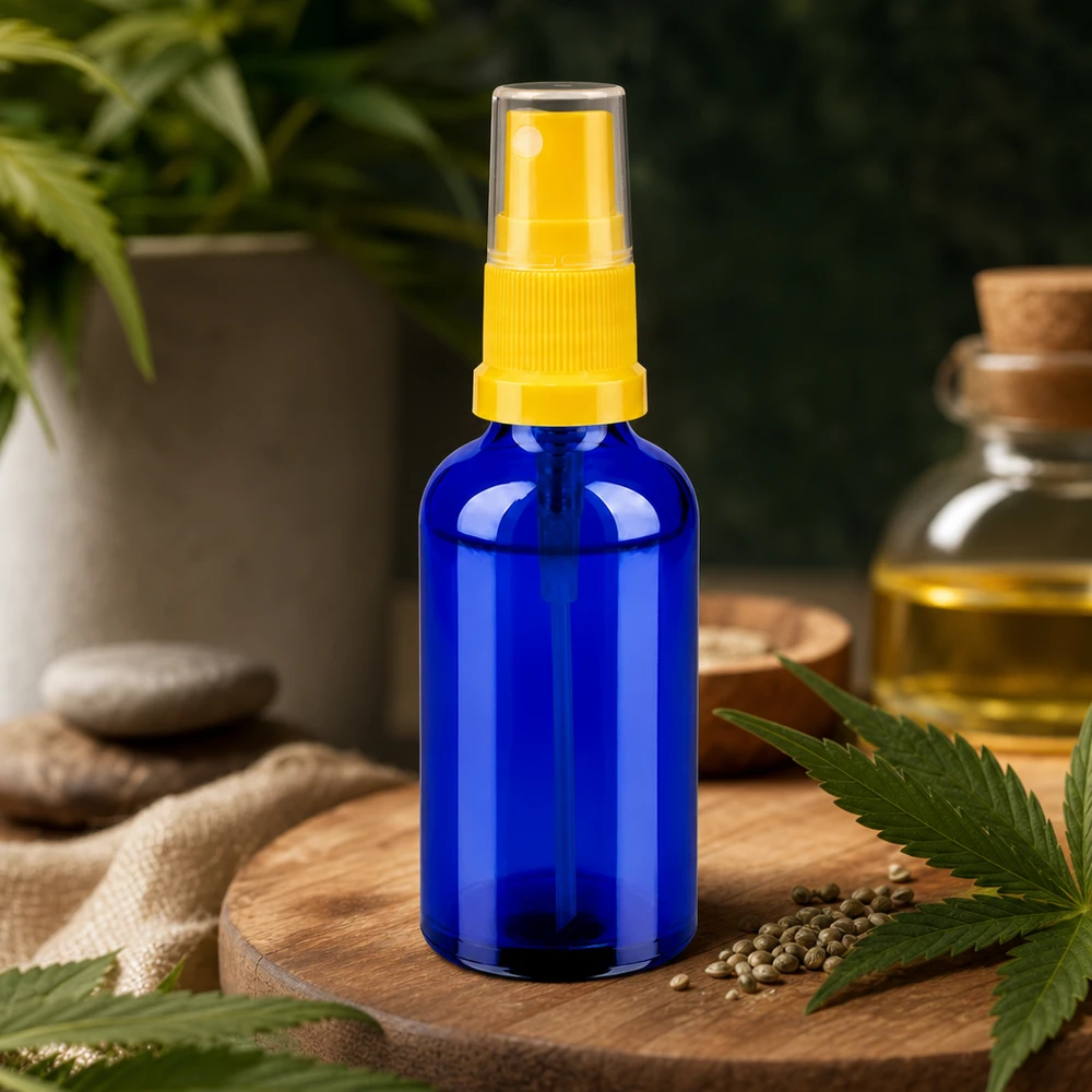 Frasco spray de 50ml amarelo/transparente tampa standard BlueLine UT18/50 Frasco de spray robusto de 50 ml em vidro de cobalto com proteção UV e atomizador prático para cosméticos naturais