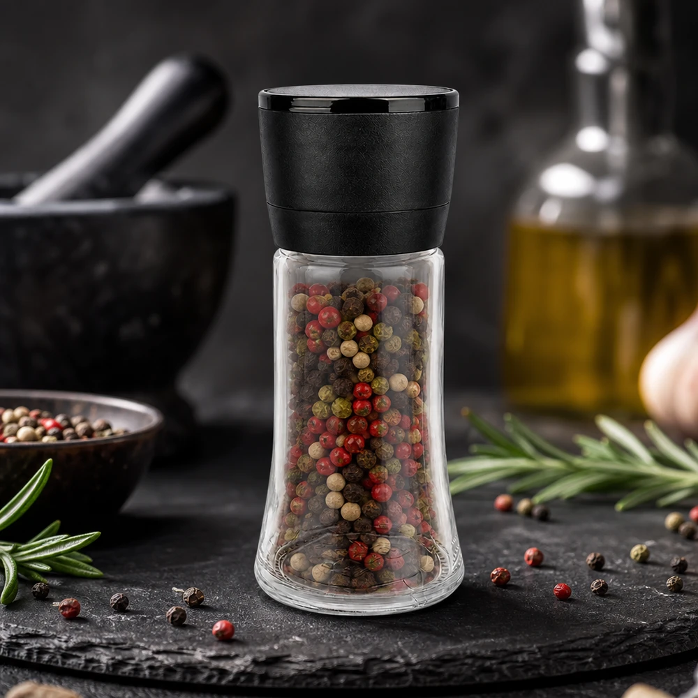 Frasco para sal/especiarias de 95 ml com moinho Vario preto Moinho de pimenta Vario de 95 ml com uma mistura colorida de grãos de pimenta vermelhos, verdes e pretos num frasco de vidro