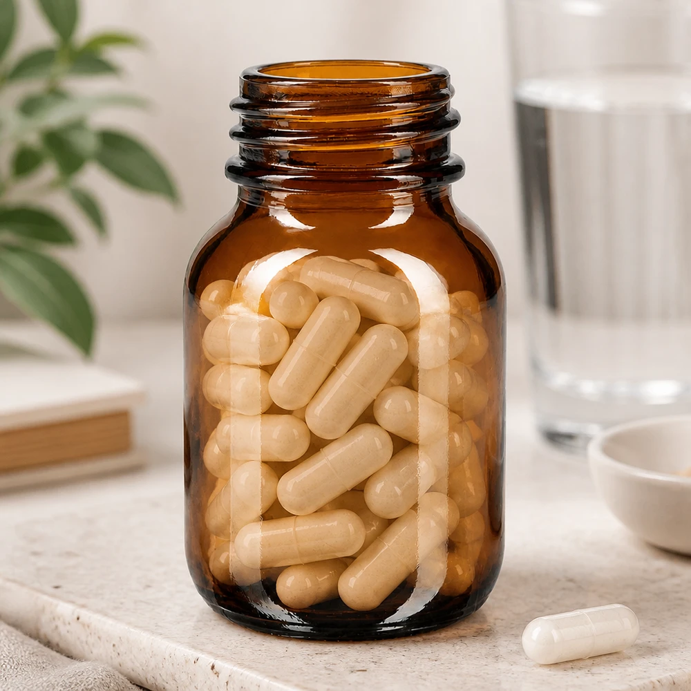 Prático frasco de 50 ml com gargalo largo, em vidro âmbar, para a conservação segura de suplementos alimentares