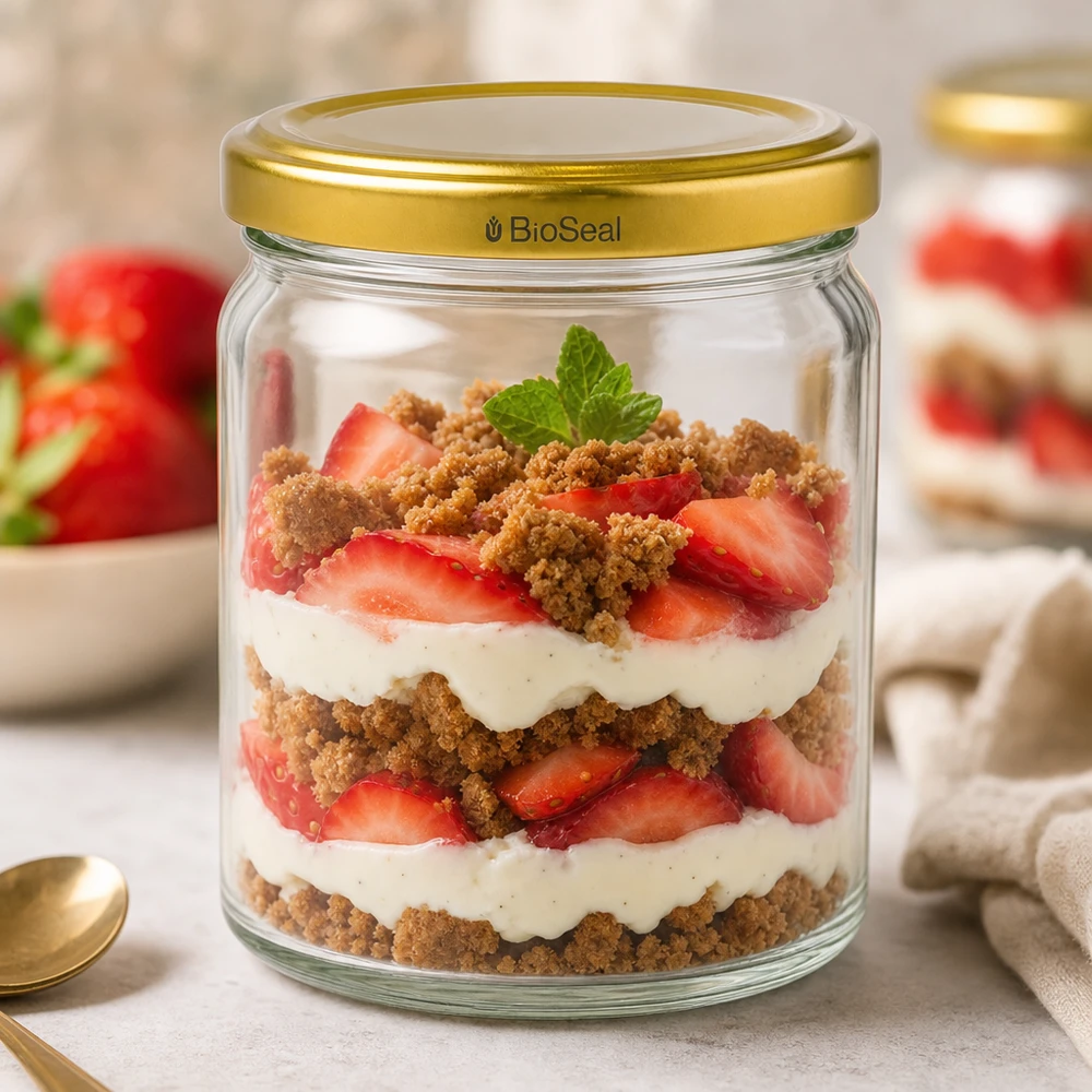 Frasco redondo de 408 ml com tampa dourada UNiTWIST BioSeal Frasco de sobremesa UNiTWIST Runda408 com tampa dourada TO82 BioSeal para sobremesa em camadas de tiramisu de morango com natas