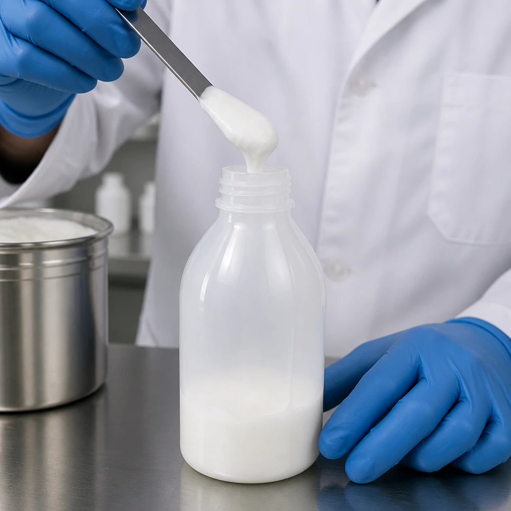 Frasco de laboratório de 250 ml com gargalo estreito e sem tampa Um técnico de laboratório, equipado com equipamento de proteção, enche um frasco de laboratório de gargalo estreito de 250 ml com um creme branco, utilizando uma espátula