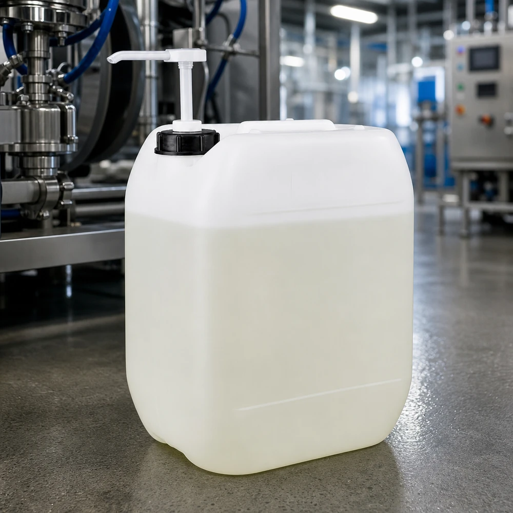 Recipiente industrial transparente de 10 litros com bomba dosadora integrada, fabricado numa moderna unidade de produção