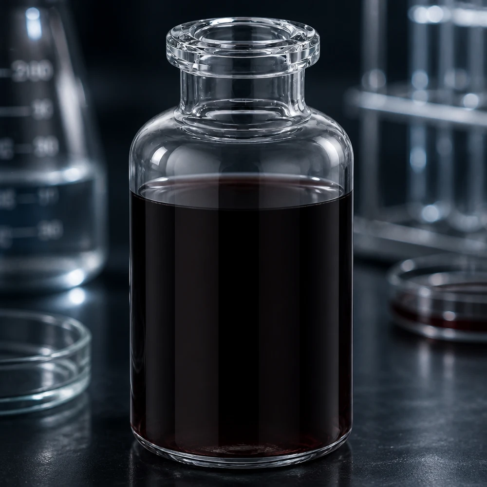 Frasco de injeção de vidro transparente 20ml Medizinische Klarglas Injektionsflasche 20ml mit dunkelbrauner Substanz in professioneller Laborumgebung