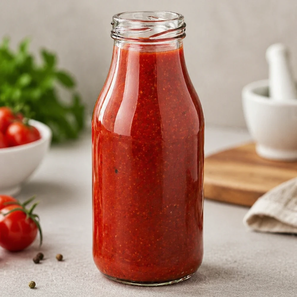 Frasco de 263ml sem tampa (TO43) UNiTWIST Elegante UNiTWIST Glasflasche 263ml mit roter Tomatensauce gefüllt in moderner Küche - perfekt für Saucen und Getränke