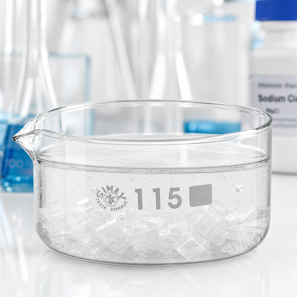 Prato de cristalização de 500ml com bico em borosilicato ø115mm Bacia de cristalização de 500 ml com bico vertedor, cheia de cristais brancos, diâmetro de 115 mm, material de vidro de laboratório