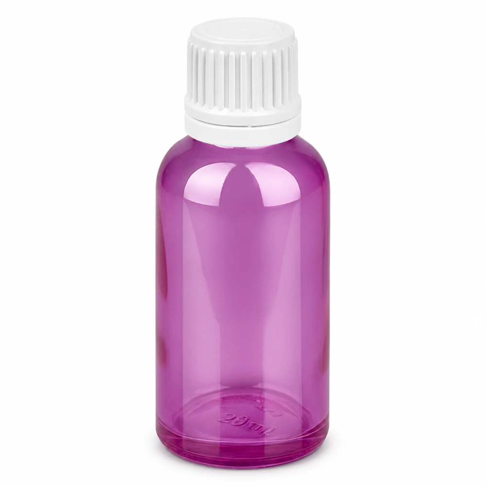 Frasco de vidro de 30 ml em violeta com tampa de rosca branca para óleos essenciais e cosméticos