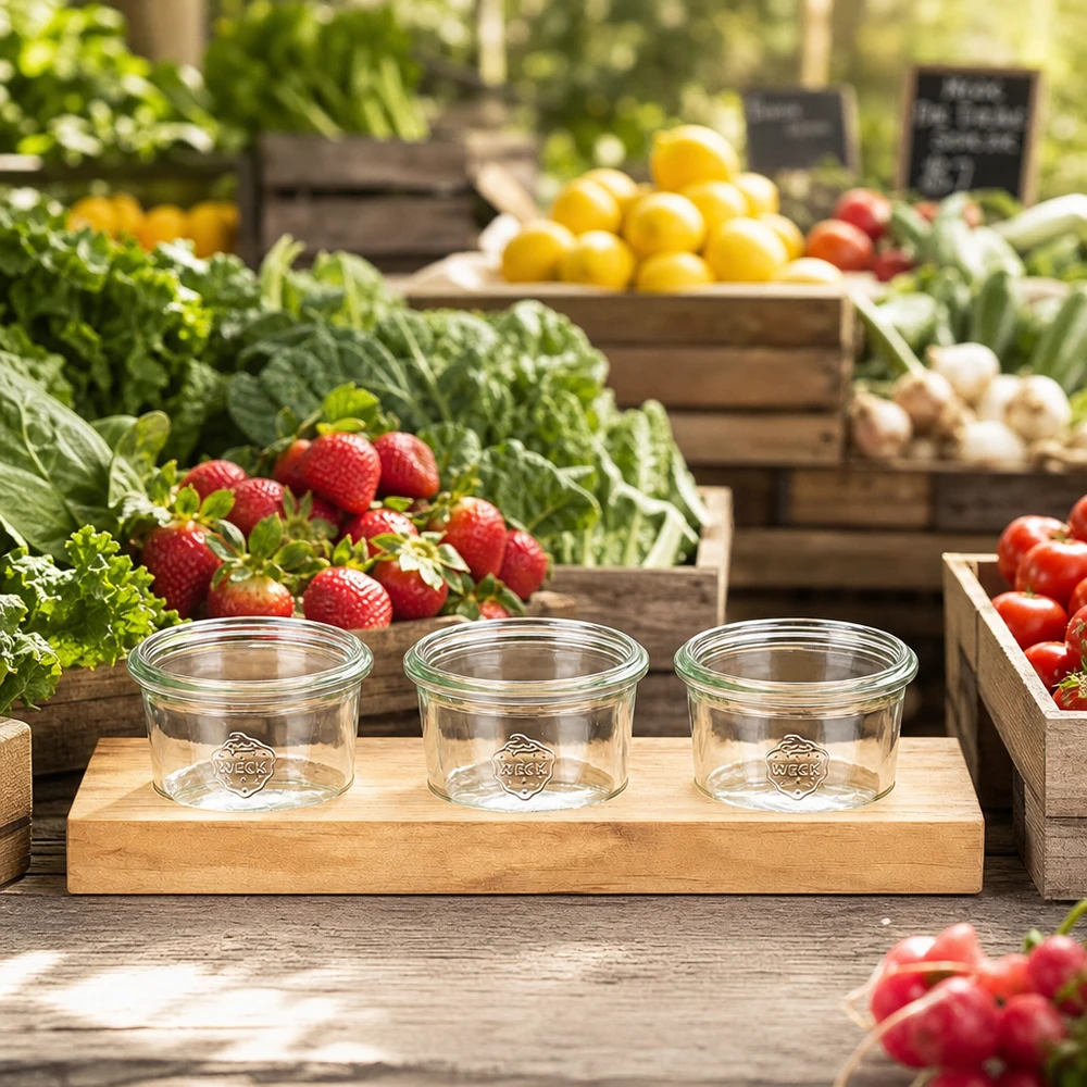 Tábua de servir Plano3 com 3 copos Weck de 80 ml Tábua de servir Plano3 com copos Weck de 80 ml vazios numa banca de mercado entre frutas e legumes frescos